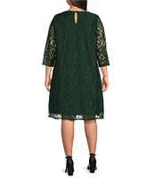 Caroline Plus Size Floral Lace Round Neck 3/4 Sleeve Bodice Lined Shift Dress