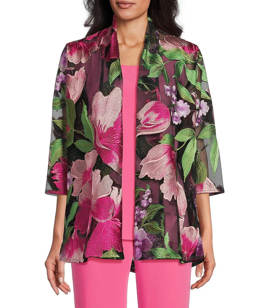 Caroline Rose Abundant Blooms Embroidered Mesh 3/4 Sleeve Open-Front Jacket