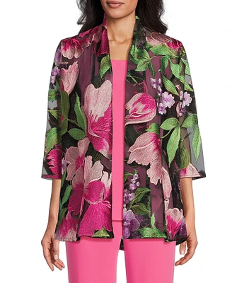 Caroline Rose Abundant Blooms Embroidered Mesh 3/4 Sleeve Open-Front Jacket