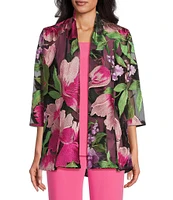 Caroline Rose Abundant Blooms Embroidered Mesh 3/4 Sleeve Open-Front Jacket