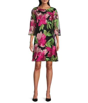 Caroline Rose Abundant Blooms Embroidered Mesh Round Neck 3/4 Sleeve A-Line Dress