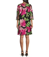 Caroline Rose Abundant Blooms Embroidered Mesh Round Neck 3/4 Sleeve A-Line Dress