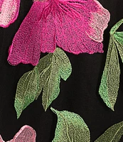 Caroline Rose Abundant Blooms Embroidered Mesh Round Neck 3/4 Sleeve A-Line Dress