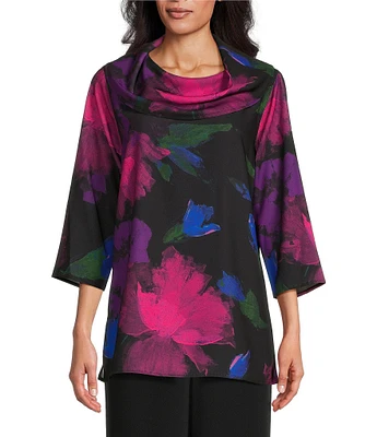 Caroline Rose Autumn Allure Print Cowl Neck 3/4 Sleeve Easy Fit Tunic