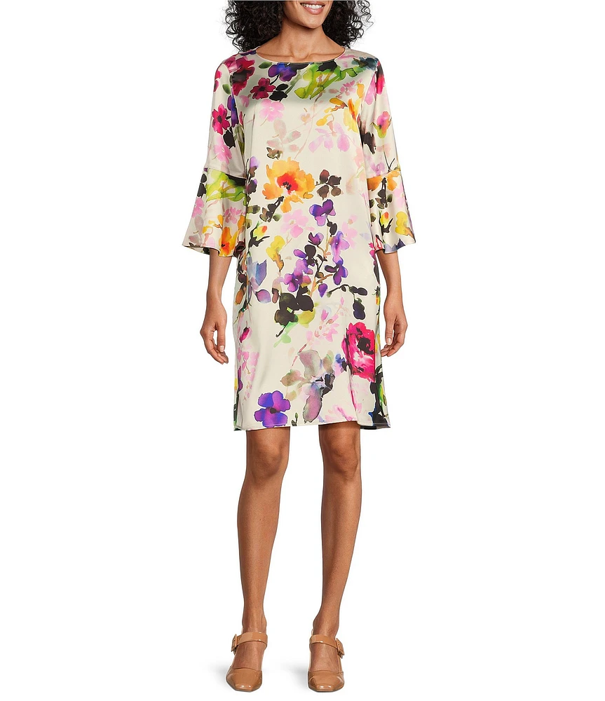 Caroline Rose Bella Brilliant Floral Bouquet Print Satin Scoop Neck 3/4 Soft Bell Sleeve Shift Dress