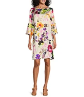 Caroline Rose Bella Brilliant Floral Bouquet Print Satin Scoop Neck 3/4 Soft Bell Sleeve Shift Dress