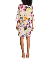 Caroline Rose Bella Brilliant Floral Bouquet Print Satin Scoop Neck 3/4 Soft Bell Sleeve Shift Dress