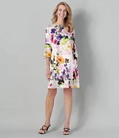 Caroline Rose Bella Brilliant Floral Bouquet Print Satin Scoop Neck 3/4 Soft Bell Sleeve Shift Dress