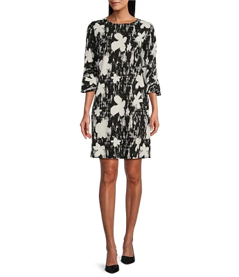 Caroline Rose Bella Dancing Floral Knit Scoop Neck 3/4 Bell Sleeve Dress