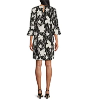 Caroline Rose Bella Dancing Floral Knit Scoop Neck 3/4 Bell Sleeve Dress