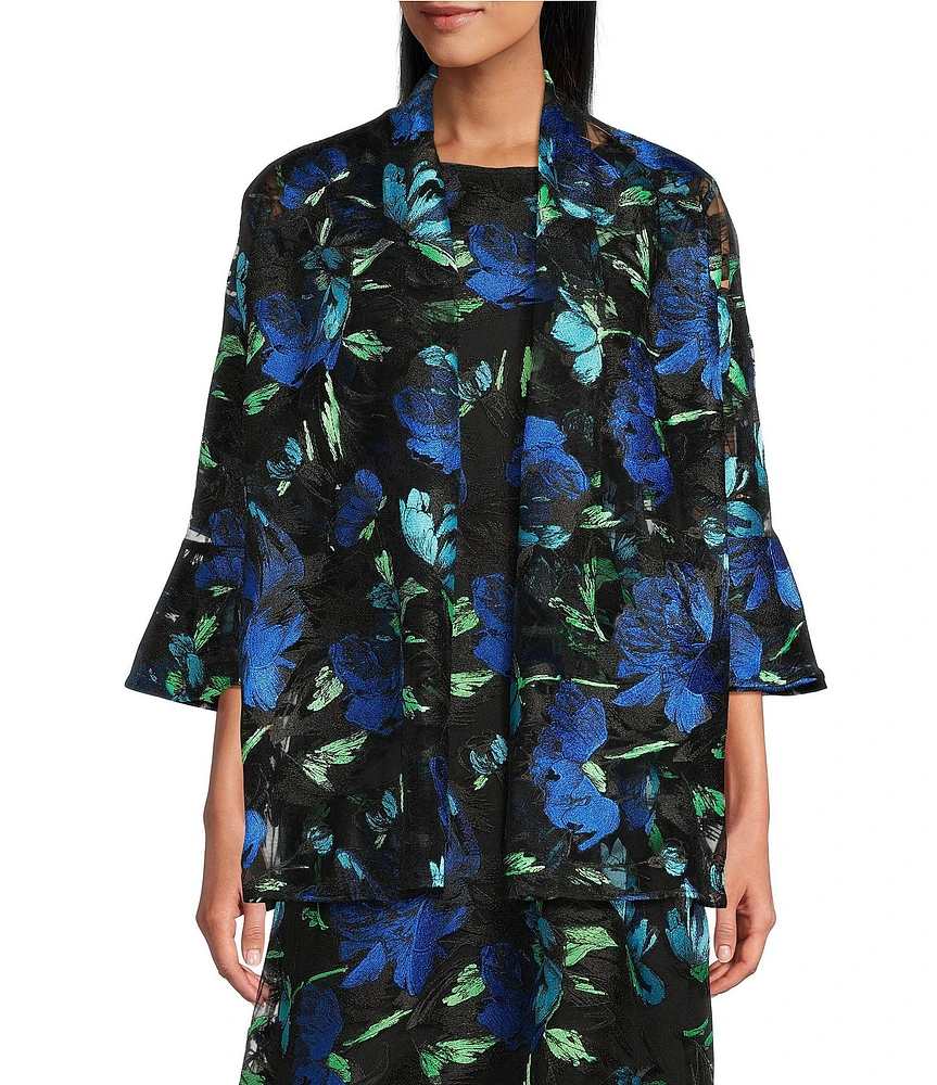Caroline Rose Bella Embroidered Blooms Mesh Knit Drape Neck 3/4 Bell Sleeve Jacket
