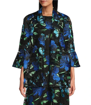 Caroline Rose Bella Embroidered Blooms Mesh Knit Drape Neck 3/4 Bell Sleeve Jacket