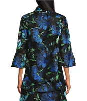 Caroline Rose Bella Embroidered Blooms Mesh Knit Drape Neck 3/4 Bell Sleeve Jacket
