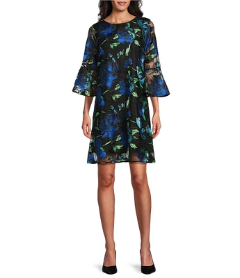 Caroline Rose Bella Embroidered Blooms Mesh Knit Scoop Neck 3/4 Bell Sleeve A-Line Dress