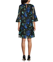 Caroline Rose Bella Embroidered Blooms Mesh Knit Scoop Neck 3/4 Bell Sleeve A-Line Dress