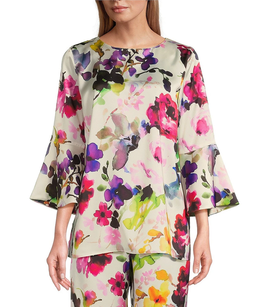 Caroline Rose Bella Floral Satin Scoop Neck 3/4 Soft Bell Sleeve Coordinating A-Line Tunic