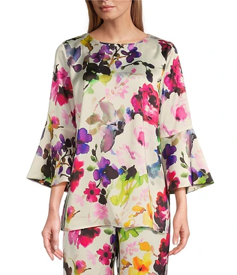 Caroline Rose Bella Floral Satin Scoop Neck 3/4 Soft Bell Sleeve Coordinating A-Line Tunic