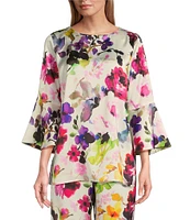 Caroline Rose Bella Floral Satin Scoop Neck 3/4 Soft Bell Sleeve Coordinating A-Line Tunic