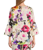Caroline Rose Bella Floral Satin Scoop Neck 3/4 Soft Bell Sleeve Coordinating A-Line Tunic