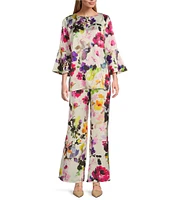 Caroline Rose Bella Floral Satin Scoop Neck 3/4 Soft Bell Sleeve Coordinating A-Line Tunic