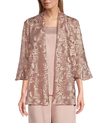 Caroline Rose Bella Soiree Embroidered Mesh Lace 3/4 Bell Sleeve Cardigan