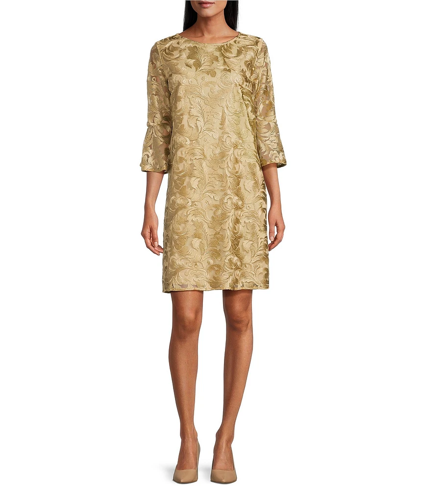 Caroline Rose Bella Soiree Embroidered Mesh Lace 3/4 Bell Sleeve Shift Dress