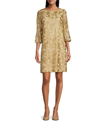 Caroline Rose Bella Soiree Embroidered Mesh Lace 3/4 Bell Sleeve Shift Dress