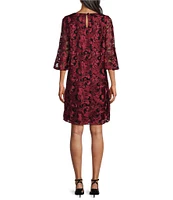 Caroline Rose Bella Soiree Embroidered Mesh Lace 3/4 Bell Sleeve Shift Dress