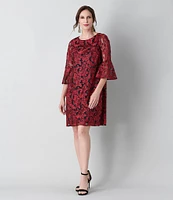 Caroline Rose Bella Soiree Embroidered Mesh Lace 3/4 Bell Sleeve Shift Dress