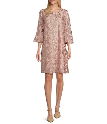 Caroline Rose Bella Soiree Embroidered Mesh Lace 3/4 Bell Sleeve Shift Dress