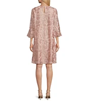 Caroline Rose Bella Soiree Embroidered Mesh Lace 3/4 Bell Sleeve Shift Dress