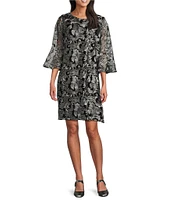 Caroline Rose Bella Soiree Embroidered Mesh Lace 3/4 Bell Sleeve Shift Dress