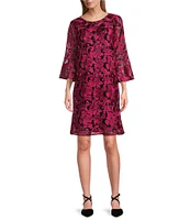 Caroline Rose Bella Soiree Embroidered Mesh Lace 3/4 Bell Sleeve Shift Dress