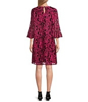 Caroline Rose Bella Soiree Embroidered Mesh Lace 3/4 Bell Sleeve Shift Dress