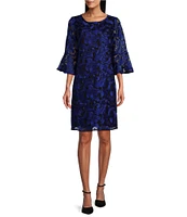 Caroline Rose Bella Soiree Embroidered Mesh Lace 3/4 Bell Sleeve Shift Dress