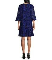 Caroline Rose Bella Soiree Embroidered Mesh Lace 3/4 Bell Sleeve Shift Dress