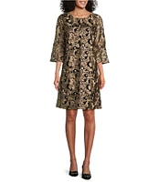 Caroline Rose Bella Soiree Embroidered Mesh Lace 3/4 Bell Sleeve Shift Dress