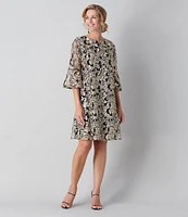 Caroline Rose Bella Soiree Embroidered Mesh Lace 3/4 Bell Sleeve Shift Dress