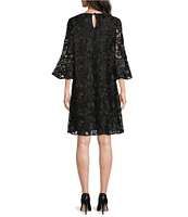 Caroline Rose Bella Soiree Embroidered Mesh Lace 3/4 Bell Sleeve Shift Dress