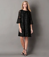 Caroline Rose Bella Soiree Embroidered Mesh Lace 3/4 Bell Sleeve Shift Dress