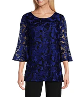 Caroline Rose Bella Soiree Embroidered Mesh Lace Scoop Neck 3/4 Bell Sleeve Tunic