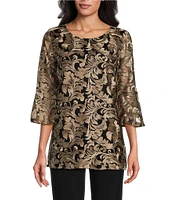 Caroline Rose Bella Soiree Embroidered Mesh Lace Scoop Neck 3/4 Bell Sleeve Tunic