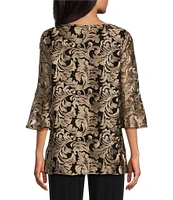 Caroline Rose Bella Soiree Embroidered Mesh Lace Scoop Neck 3/4 Bell Sleeve Tunic