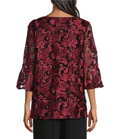 Caroline Rose Bella Soiree Embroidered Mesh Lace Scoop Neck 3/4 Bell Sleeve Tunic