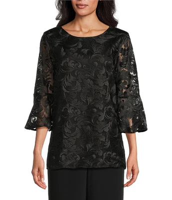 Caroline Rose Bella Soiree Embroidered Mesh Lace Scoop Neck 3/4 Bell Sleeve Tunic