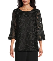 Caroline Rose Bella Soiree Embroidered Mesh Lace Scoop Neck 3/4 Bell Sleeve Tunic
