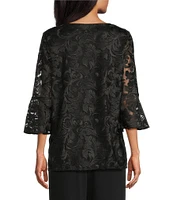 Caroline Rose Bella Soiree Embroidered Mesh Lace Scoop Neck 3/4 Bell Sleeve Tunic