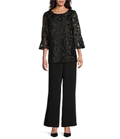 Caroline Rose Bella Soiree Embroidered Mesh Lace Scoop Neck 3/4 Bell Sleeve Tunic