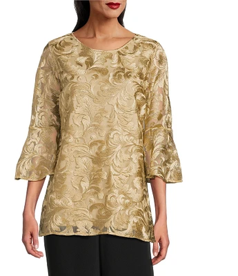 Caroline Rose Bella Soiree Embroidered Mesh Lace Scoop Neck 3/4 Bell Sleeve Tunic