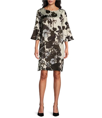 Caroline Rose Bella Woven Crepe Fall Floral Print Scoop Neck 3/4 Bell Sleeve A-Line Dress